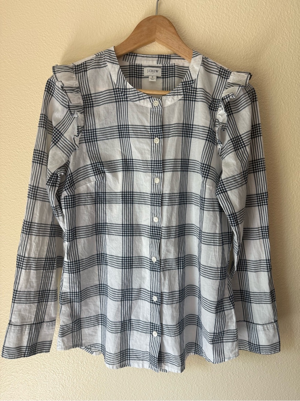 J. Crew White and Black Plaid Ruffle-Shoulder Button-Down Top
